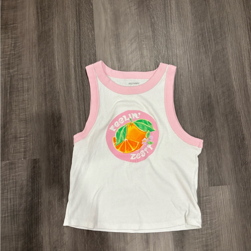 Old Navy Pink and White Tank Top with Orange Graphic